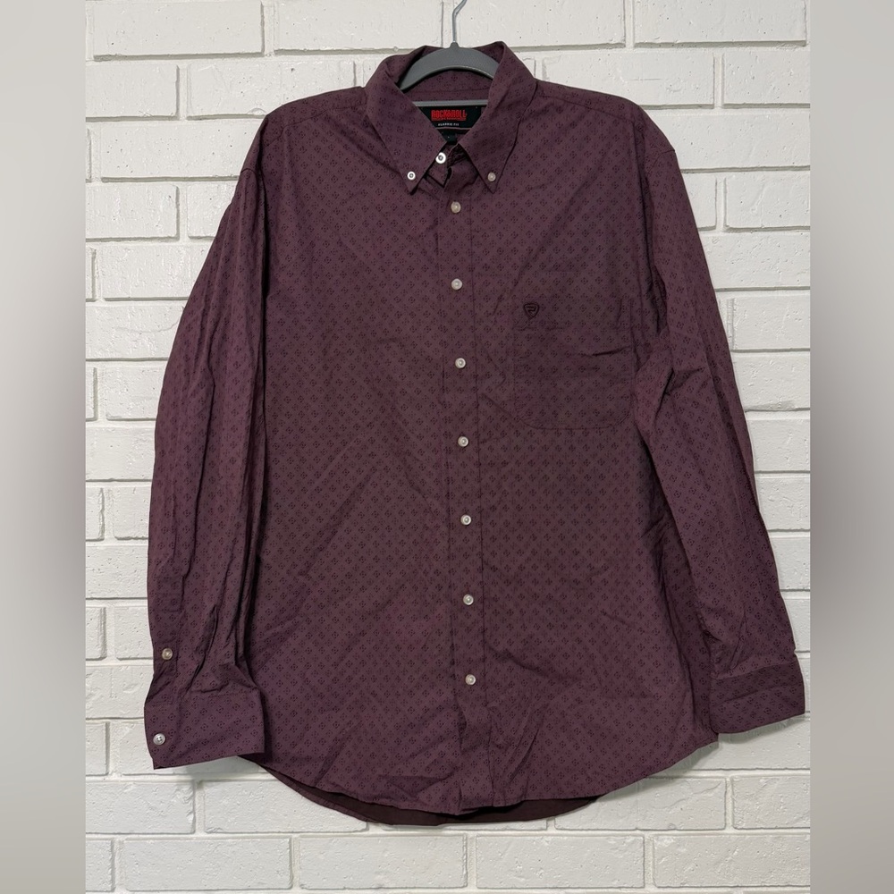 Men’s Rock & Roll Denim Burgundy Button Down Western Shirt. Size Large